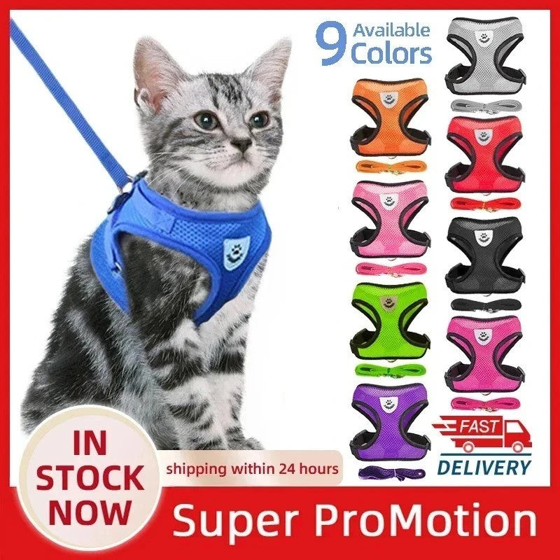 Cat Dog Harness Vest Adjustable Mesh Collar Leash Set for Small Medium Pets